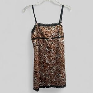 Retro Leopard Print Slip Dress with Black Lace detail rosettes baby doll y2k
